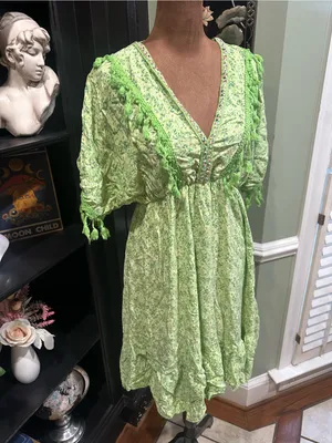 Three Stars Boho Embroidered Fringe Mini Dress – Bright Green Floral – Size S/M thumbnail 6
