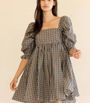 Gingham Puff Sleeve Mini Dress Brown Size M thumbnail 3