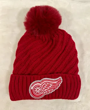 Detroit Redwings glitter logo Red Pom-Pom Knit Beanie hat! thumbnail 1
