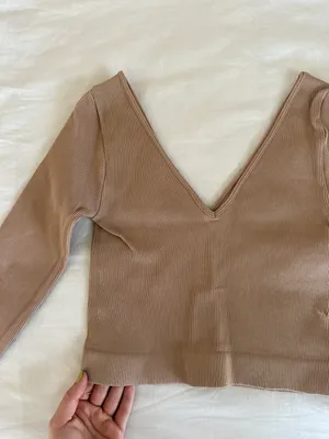 Ribbed V Neck Long Sleeve Tan thumbnail 2