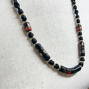 Vintage Black Floral‎ Ceramic Bead Cord Necklace Witchy Goth Romantic thumbnail 7