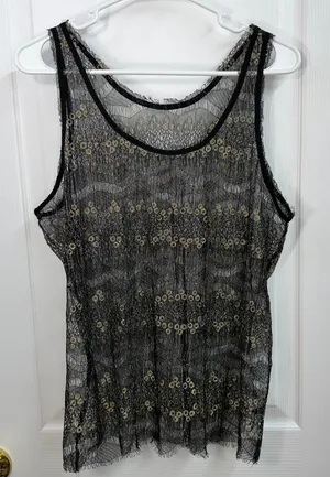 Women's‎ black gold metallic lace crocheted sheer layer tank top swim cover up L thumbnail 1