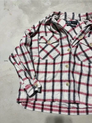 ZARA Plaid Button-Up Shirt Jacket - Cream, Red & Black Italian fabric XL thumbnail 2