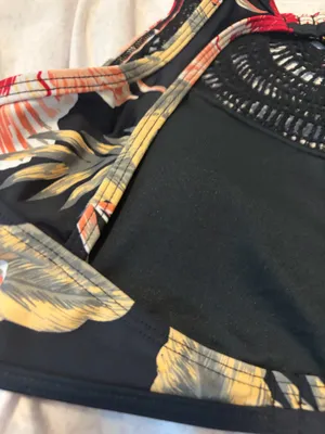 Roxy floral black pink green floral open back high crochet neckline swim top thumbnail 6