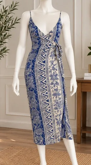 Urban Outfitters Women Midi Dress Blue White Paisley Floral Faux Wrap Small thumbnail 1