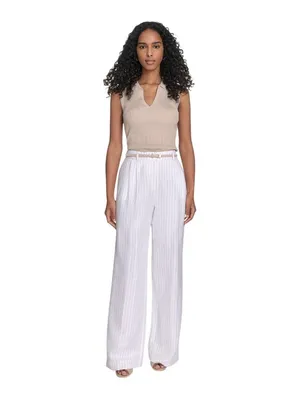 NEW Calvin Klein Pinstriped Pleated Linen Blend Lined Pants White / Khaki 16 thumbnail 12