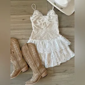 NWT! Angel Biba Chic White Floral Lace Mini Dress Women’s V-Neck Ruffle Size Large thumbnail 12