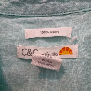 C&C California Women's Small 100% Linen Button Up Shirt Aqua Roll Tab Sleeve thumbnail 4