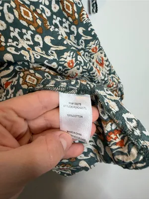 DR2 Boho Peasant Blouse Womens Large Green Floral Puff Sleeve Cotton Shirt thumbnail 4