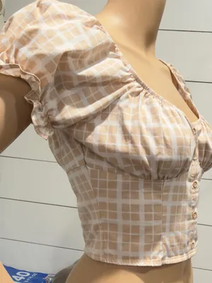 Forever 21 Beige Plaid Puff-Sleeve Button-Front Crop Top Sz S thumbnail 3