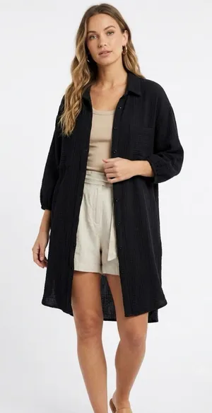 Young Fabulous & Broke Black Cotton Gauze Shirt Dress Large Cuffed Sleeve thumbnail 1