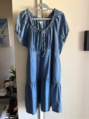 Lightweight Denim Peasant Mini Dress with Ruffle Hem thumbnail 2