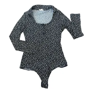 Women’s Black Floral Long-Sleeve Bodysuit Size M thumbnail 1