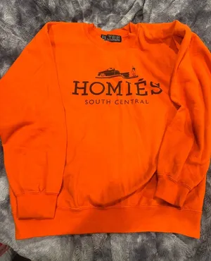Homie Orange Crewneck Sweatshirt with Black 'HOMIÉS South Central' Print thumbnail 1