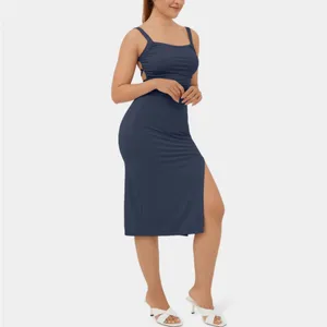 Halara Ruched Backless Crisscross Lace Up split Bodycon Midi Casual Dress thumbnail 3
