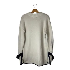JOA Sweater Women Small Ivory‎ Navy Blue Trim Knit Hi Low Tie Sleeve Sweater thumbnail 3