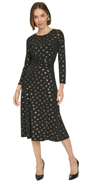 NWT Tommy Hilfiger Womens Printed Ruched-Waist Dress A4IJ114A Black / Gold 2 thumbnail 1