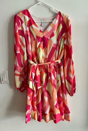 Nicole Miller NY Pleated Mini Dress Size L Multicolor Abstract V-Neck thumbnail 3