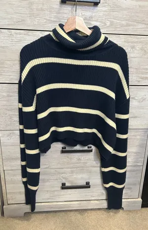 Altar'd State Womens Navy Blue Cream Striped Ribbed Cropped Turtleneck Sweater L thumbnail 1