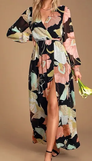 Lulus Wondrous Water Lilies Black Floral Print Maxi Dress Medium New thumbnail 1