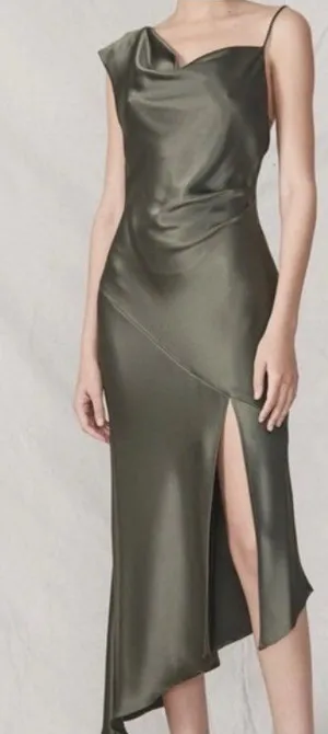 NWT ABS Allen Schwartz Everly Satin Drape Dress 2 Olive Green Slit One Shoulder thumbnail 1