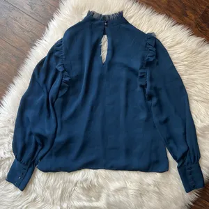 Amaryllis Blue Cut-Out Ruffle Trim Long Sleeve Blouse thumbnail 5