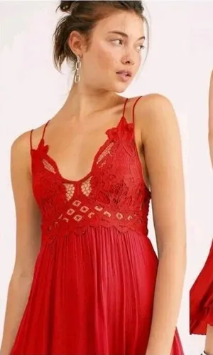 Free People Adella Lace Maxi Dress Red Romantic Boho Chic Crochet Strappy Small thumbnail 1