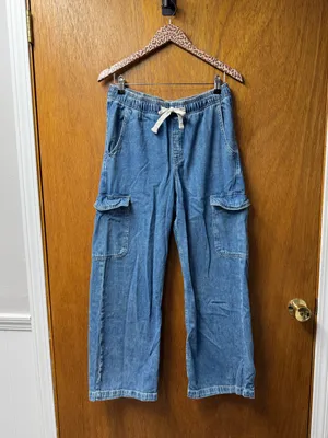 Gap Pull On Wide Leg Cargo Denim Jeans Cotton Tie Waist Medium Wash Blue Medium thumbnail 15