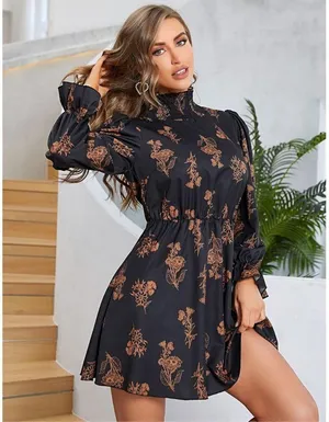 NEW Floerns Mock Neck Long Sleeve Floral Print Ruffle Mini Dress L thumbnail 5