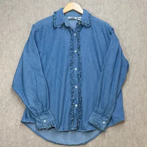 Gitano Vintage‎ Womens L Denim Cottagecore Western Ruffle Button Front Shirt Top thumbnail 1