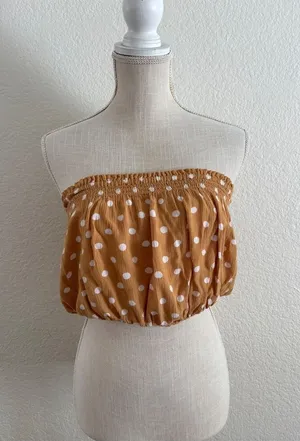 Billabong Tube Top Large Mustard Yellow Polka Dot Smocked Cropped Strapless thumbnail 1