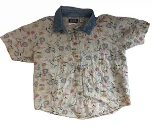 bill blass Floral Button-Down Shirt with Denim Collar - White, Blue, Pink thumbnail 1