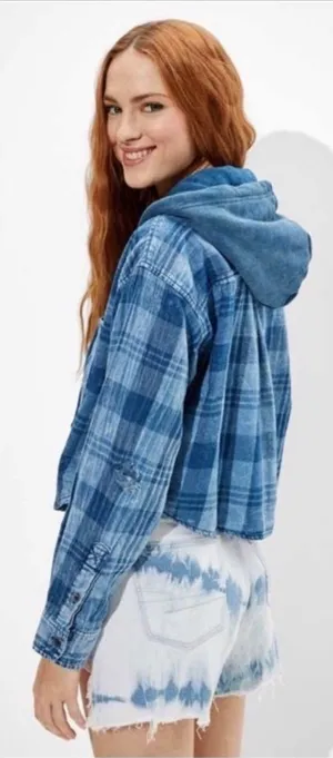 American Eagle AE Cropped Hooded Flannel Shirt in blue S thumbnail 1