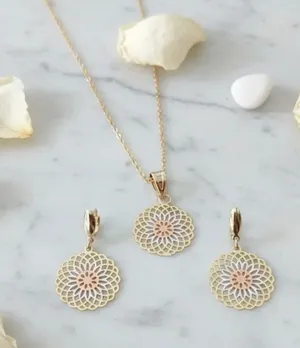 Golden Time 18K Gold Plated Tri-Color Mandala Flower of Life Earrings & Pendant thumbnail 1