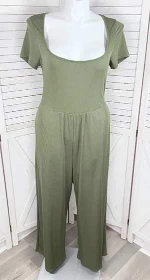 Cider Jumpsuit Square Scoop‎ Neck Wide Leg Short Sleeve Olive Green 0XL 12 14 thumbnail 1