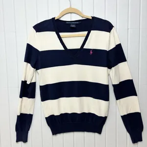 Ralph Lauren Sport Cotton‎ Women's Sweater in Navy and Cream Stripes Size L thumbnail 2