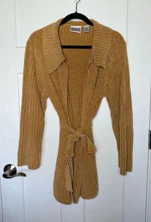Bill Blass Jeans Camel Brown Ribbed Belted Cardigan thumbnail 1