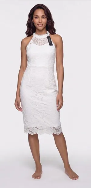 White Lace with Satin Finish Halter Sheath Dress Size M thumbnail 1