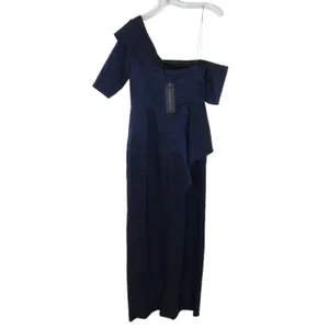 NWT Aidan Mattox Womens Size 6 Blue One Shoulder Metallic Maxi Dress Gown NEW thumbnail 4