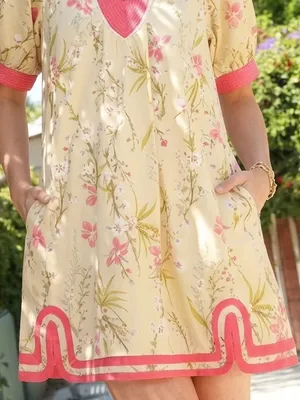 New!Umgee Plus Size Cotton Lined Butter Floral Puff Sleeve Dress Pink Size 2X thumbnail 6