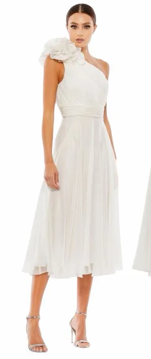 Mac Duggal Rosette One Shoulder Tea Length Dress White Size 12 thumbnail 1