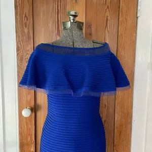 Tadashi Shoji Tobara Pintucked Off Shoulder Ruffle Dress Electric Blue~ XS 🧡🎀 thumbnail 5