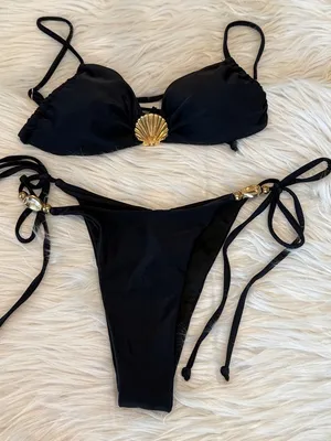 SHEIN Black Bikini w/ Gold Shell Accents Size Small MINIMALIST CLASSIC thumbnail 2