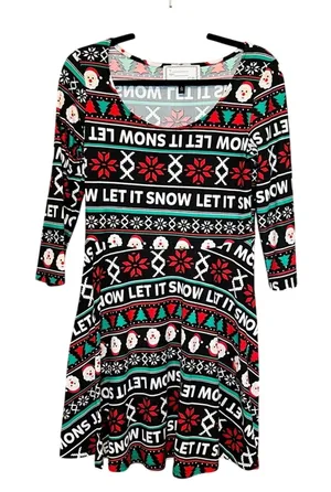 Holiday Christmas Skater Dress L Black Let It Snow Ugly‎ Sweater Argyle Novelty thumbnail 1