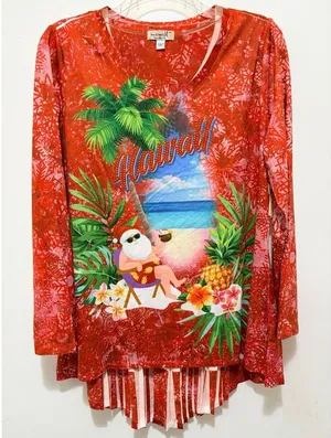 One World Abstract Watercolor Hawaiian‎ Christmas Themed Tunic – Large – NWT thumbnail 1
