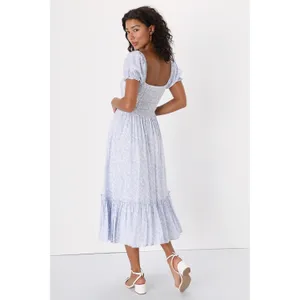 New! Lulus Dreamy Darling Blue and White Floral Puff Sleeve Midi‎ Dress Sz Small thumbnail 5