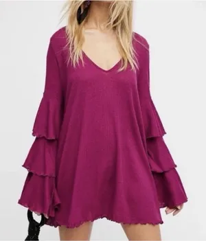 Free People Beach Magenta Size S Seashore Mini Dress Bell‎ Sleeves Boho Hippie thumbnail 1
