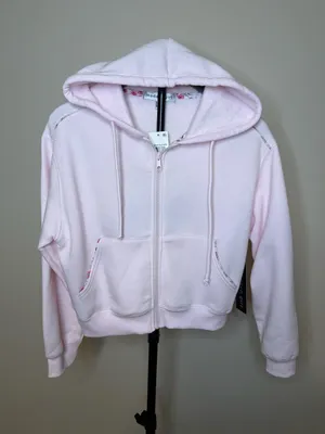 Madden Girl Women's Pink Zip-Up Cropped Hoodie with Floral Detail thumbnail 1
