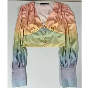 Pastel Rainbow Ombré Satin Button-Up Long Sleeve Shirt Top Blouse Size S 🎀✨ thumbnail 2