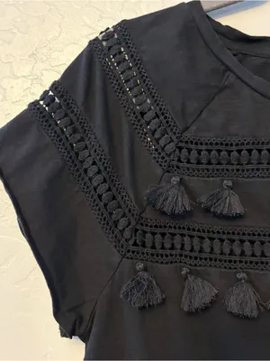 LOFT black short sleeve shirt with crochet and fringe tassel details size medium thumbnail 4